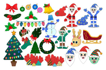 Fototapeta premium Colorful collection of Christmas-themed illustrations featuring Santa, snowman, elf, reindeer, gifts, and festive ornaments.
