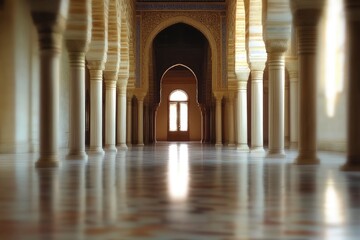 Obraz premium Mosque interiors with defocused pillars, windows, and doors, crafting an abstract backdrop. 