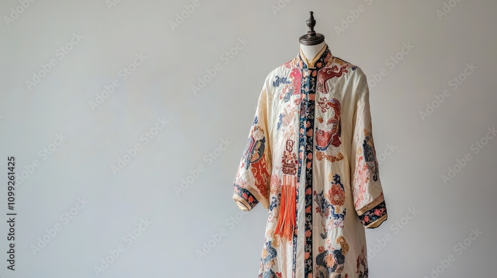 Poster elegant traditional garment with intricate patterns and colorful embellishments on a mannequin in a 