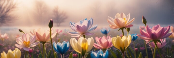 Fototapeta premium Beautiful spring flowers blooming in nature banner