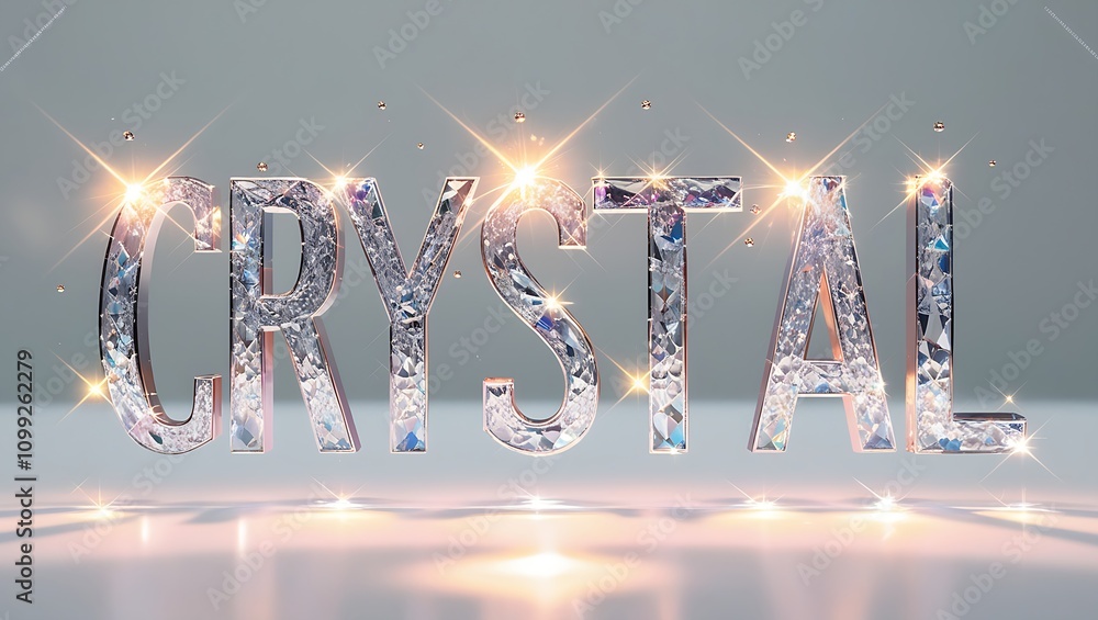 Poster sparkling 3d crystal text with glowing lights on a reflective surface.