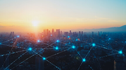 Fototapeta premium Smart digital Innovation city with connection network reciprocity over the sunset cityscape. of future wireless digital city and social media networking systems that connects people with in city