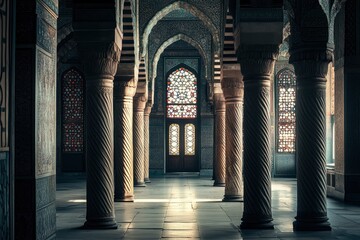 Fototapeta premium Mosque interiors with defocused pillars, windows, and doors, crafting an abstract backdrop. 