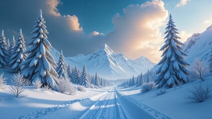 Fototapeta premium Winter background. Winter forest, snowy pines, snowy mountains, bright sun, sky and fluffy clouds.