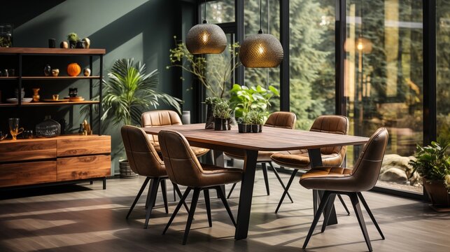 Stylish and botany interior of dining room with design craft wooden table chairs furniture a lof of plants window poster map and elegant accessories in modern home decor.