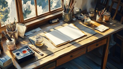 A warm and inviting artist desk, featuring a blank notepad, watercolor paints, and jars of brushes. The wooden desk is marked with hints of past projects, and sunlight casts gentle shadows across