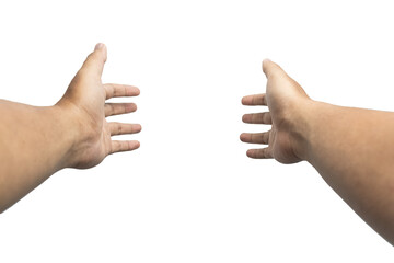 first person perspective of man hand reaching out something or hug isolated on white background