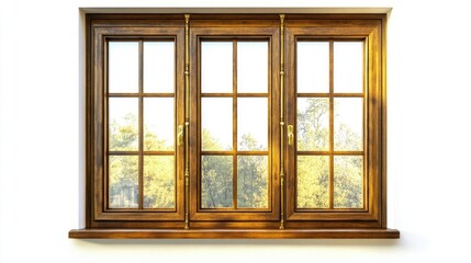 Fototapeta premium Elegant hotel window made from polished oak wood, golden detailing on the edges, morning light reflection, evenly lit, isolated on white