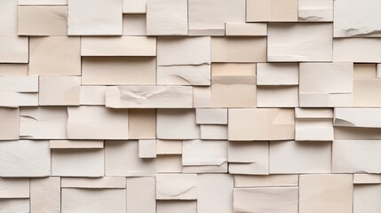 Abstract geometric pattern made of overlapping rectangular beige and cream textured paper tiles arranged in a staggered layout