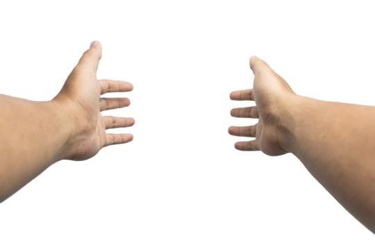 first person perspective of man hand reaching out something or hug isolated on white background