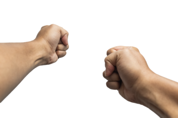 first person perspective of man hand making fist punch isolated on white background