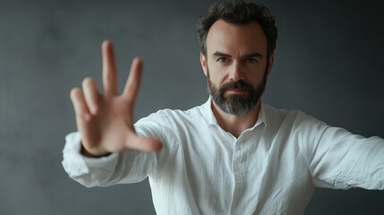 Naklejka premium Man creating a frame gesture with his hands, dressed in simple white attire against a gray backdrop, offering a versatile photo style with ample copy space.