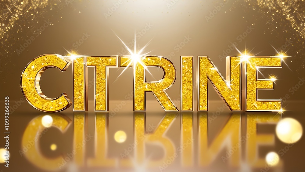 Poster sparkling golden citrine text with glitter effect and reflection on shiny surface.