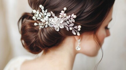 Hairdresser working on a brides hairstyle for a special event, capturing the elegance and intricate details of the bridal look, with ample copy space for text.