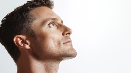 Profile portrait of a 35-year-old Caucasian man with flawless, wrinkle-free skin, isolated on a white background. This beauty portrait captures the essence of youthful skin. Copy space included.