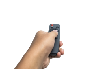 man hand holding black remote control isolated on white background