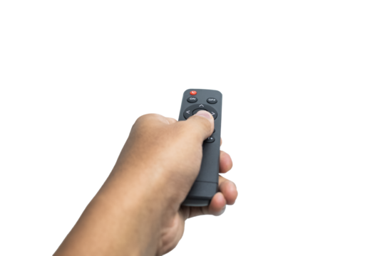 man hand holding black remote control isolated on white background