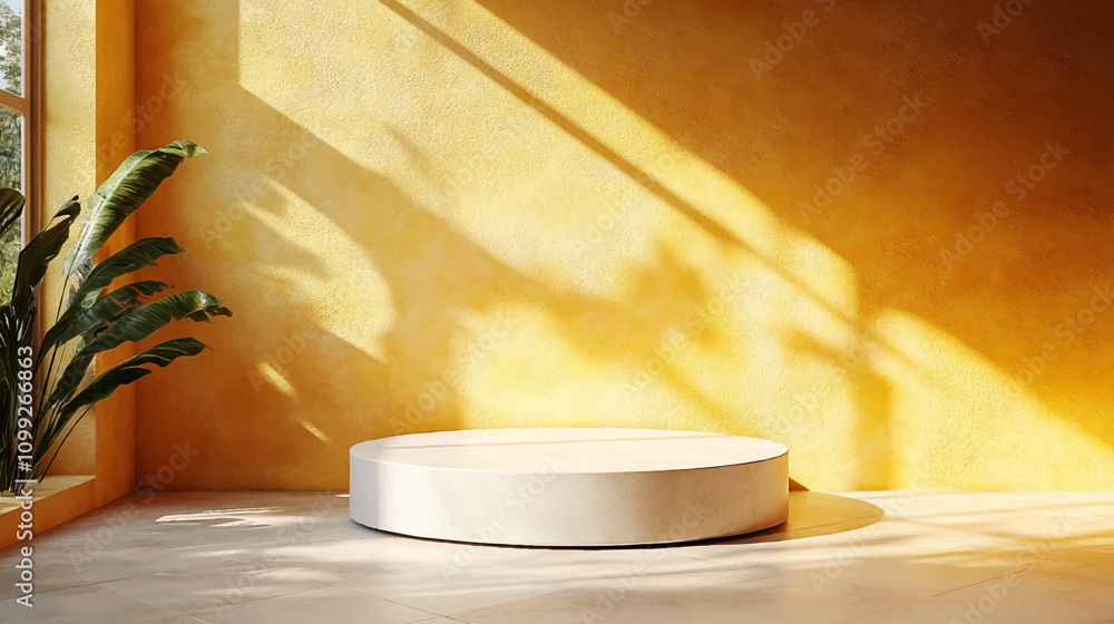 Poster 3d realistic white and yellow scenes on a floor table background with a shadow of palm leaves from w