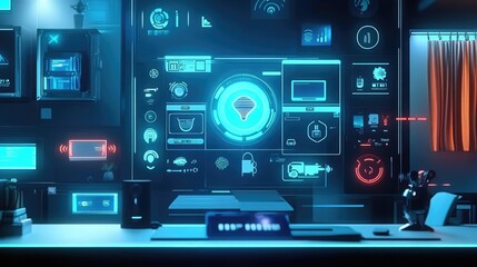 Obraz premium A smart home controlled by a central AI hub, with various devices, including smart thermostats, automated curtains, and voice-activated assistants.