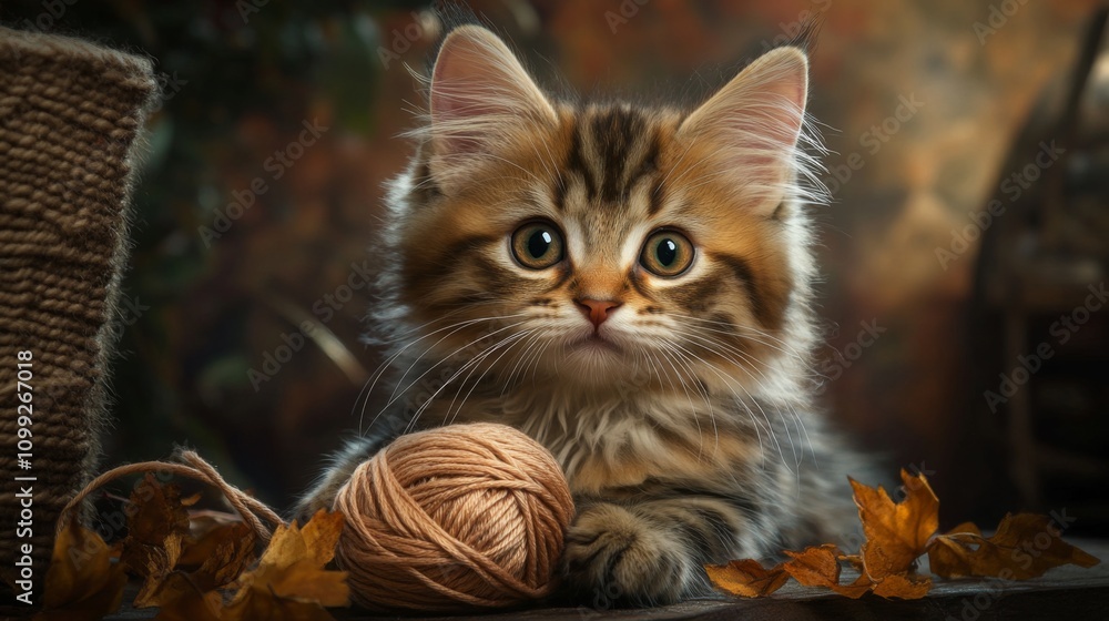 Poster adorable fluffy kitten playing with yarn in autumn setting