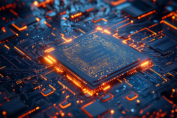 Close-up view of a glowing computer processor circuit board.  The intricate network of pathways and components is illuminated, showcasing the complexity of modern technology and digital innovation.