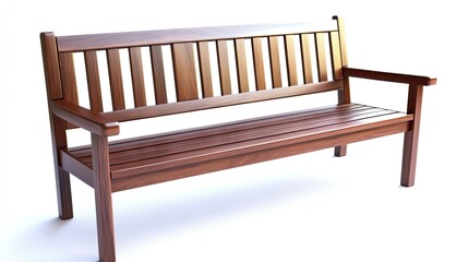 Modern minimalist park bench with smooth mahogany finish, no armrests, clean lines, angled at a 3/4 perspective on a white background