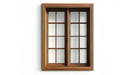 Obraz premium Modern wooden window with rectangular panels, golden finishes on frame edges, realistic morning reflections, isolated on bright white background