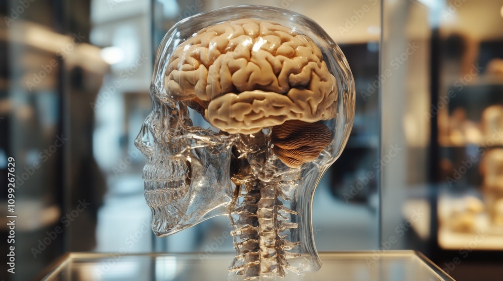 Poster Detailed 3D Model of a Human Brain and Skull in Transparent View