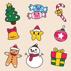 Fototapeta premium Set of cute kawaii christmas element vector