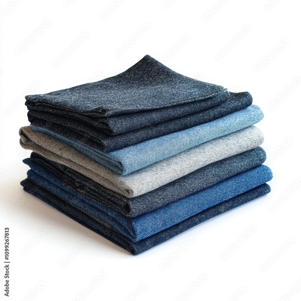 Poster a stack of folded fabric in various shades of blue and gray, displaying texture and color.