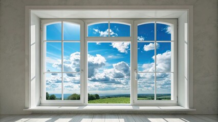 A beautiful window that captures the vibrant colors of a clear blue sky with puffy white clouds, blue, clouds, window, sky