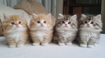 Photographed by Canon, four British long-haired kittens with adorable round heads, fluffy coats in soft tones, sitting neatly on a white mat, wide-eyed innocence