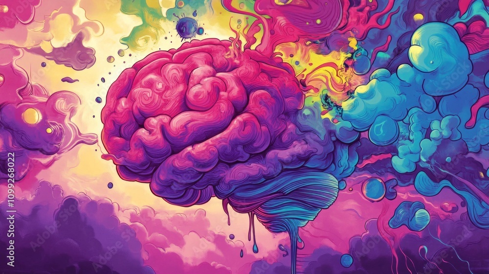 Poster colorful abstract representation of brain with psychedelic elements