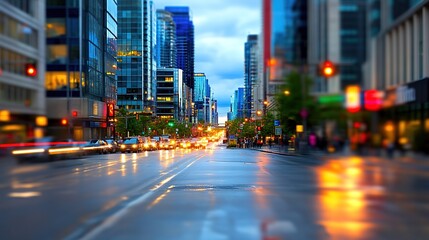 Obraz premium Vibrant City Street Scene at Dusk with Blurred Lights and Reflections from Rain on Modern Skyscrapers and Traffic Lights Illuminating the Urban Landscape