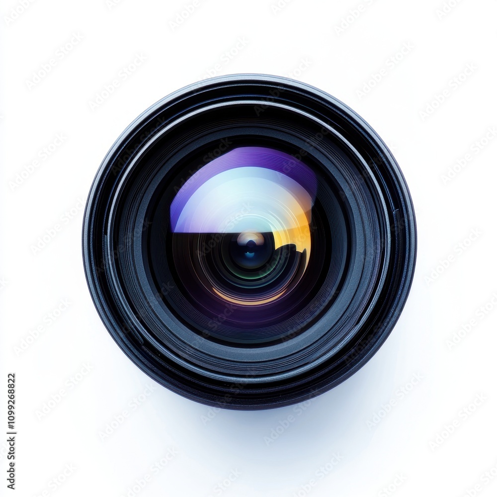 Poster a close-up of a camera lens showcasing its reflective surface and intricate design.