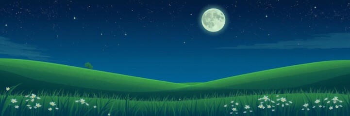 Obraz premium Serene digital illustration of a green meadow under a starry moonlit sky, digital illustration, serene