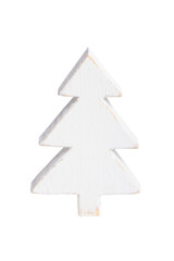 Obraz premium Isolated wooden white fir tree decoration on white background, Christmas holiday, sustainability concept, flat lay, copy space