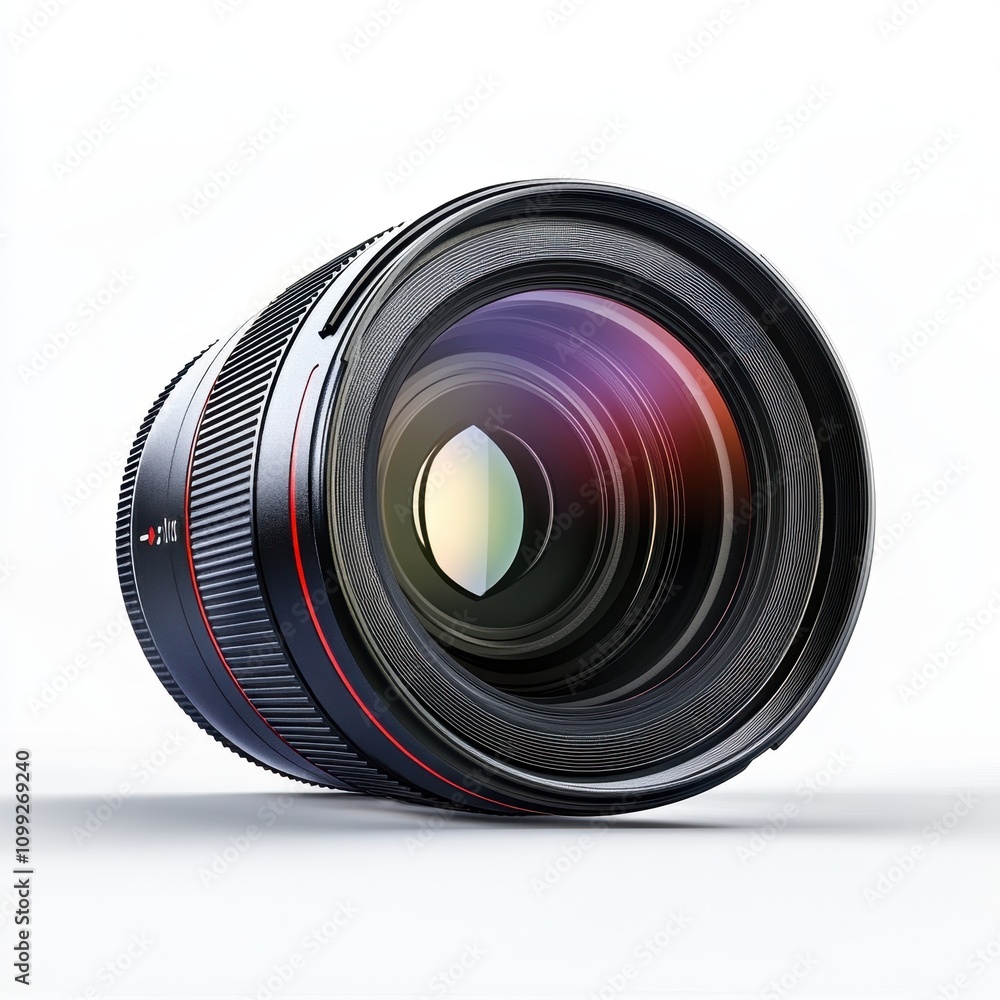 Poster a close-up view of a camera lens showcasing its intricate design and optical elements.
