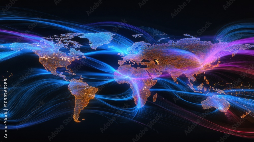 Poster colorful abstract world map with light trails in dark background