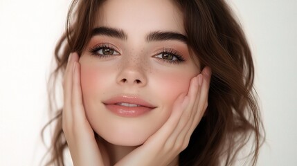 Obraz premium Beautiful Woman with Natural Smile and Gentle Hands Touching Face