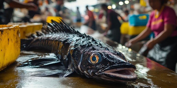 Deep sea Black scabbardfish displayed prominently at a bustling fish market, showcasing the intriguing characteristics of the Black scabbardfish in a vibrant setting.