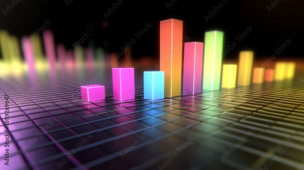 Aufkleber colorful 3d graph representation with bright bars on reflective surface