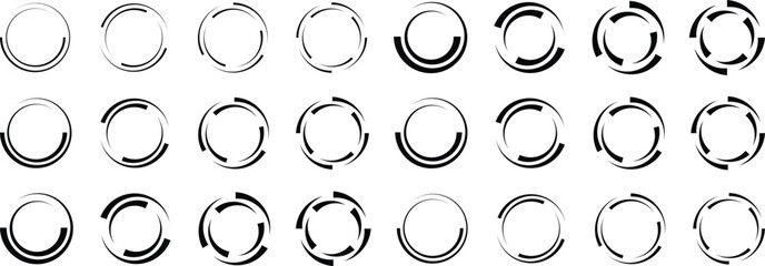 Circle Rotation set. Rotating art round circle shape collection. Set of circular infographics. Broken circles isolated on white background. Circle rotation element