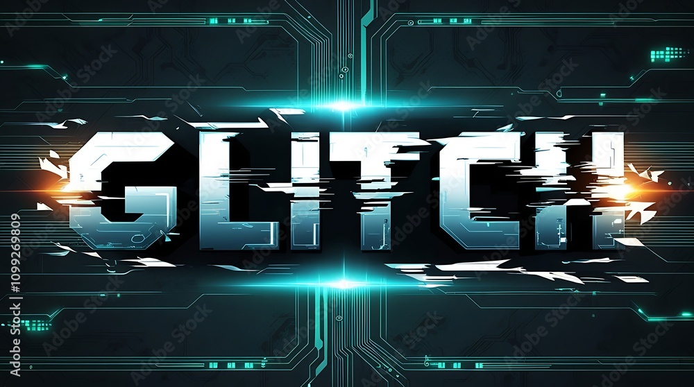 Poster glitch text effect on digital circuit board.
