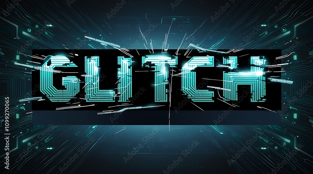 Poster glitch text effect on circuit board background.