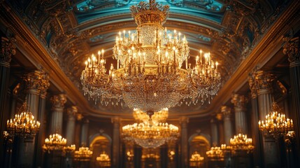 A grand chandelier illuminates an opulent interior space with intricate architectural details.