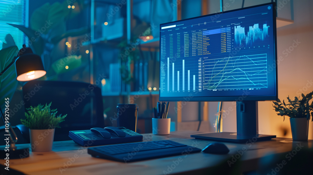 Poster a professional office setup with a large screen displaying a billing tracker spreadsheet and a glowi