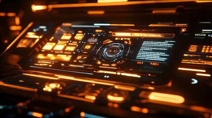 Obraz premium Futuristic orange digital interface display with glowing elements.