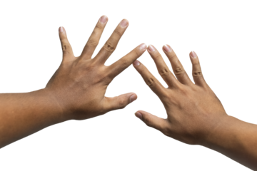 first person perspective of stop gesture isolated on white background. concept of refusal or fear expression doing self defense