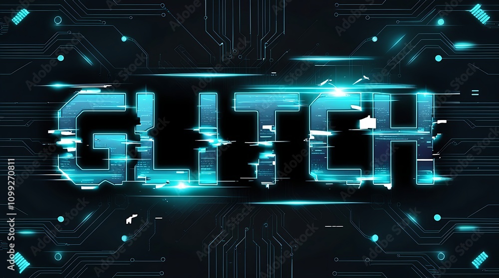 Poster glitch text effect on a dark circuit board background.